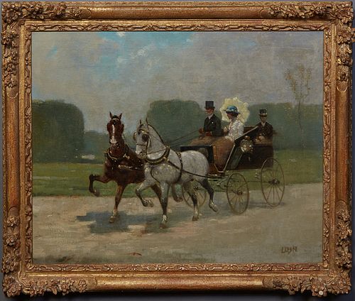 Lasky (Russian), "Carriage Scene," 19th c., oil on canvas, signed lower right, with a "Roosevelt Field Art Center" artist label en verso, presented in