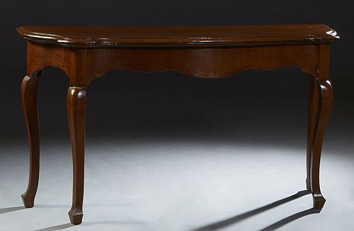 Large Carved Birch Console Table, 20th c., the stepped serpentine bowed top over a wide skirt, on tapered square legs with block feet, H.- 32 3/4 in.,