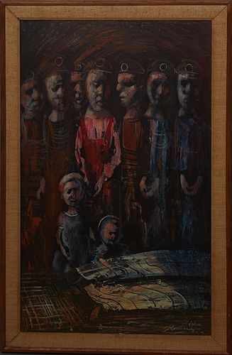 Noel Rockmore (1928-1995, New Orleans), "Mine Disaster, Terre Haute," 1964, acrylic on masonite, signed and dated lower right, with E. L. Borenstein C