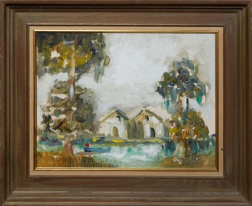 William Arnold (1902-2006, Louisiana), "Houses on the Water's Edge," 2001, oil on canvas, signed and dated lower right and en verso, presented in a wo
