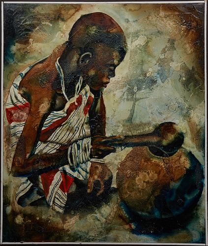 African School, "Young Boy with Spoon and Water Gourd," 20th c., oil on canvas, signed indistinctly on bottom, presented in a wood frame, H.- 35 3/4 i