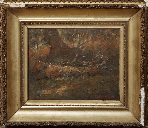 George F. Castleden (1861-1945, New Orleans), "Cut Tree in the Forest," early 20th c., oil on canvas laid to board, signed lower right, presented in a