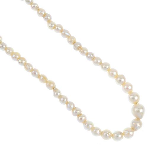 A cultured pearl single-row necklace. Comprising ninety-nine graduated semi baroque cultured pearls,