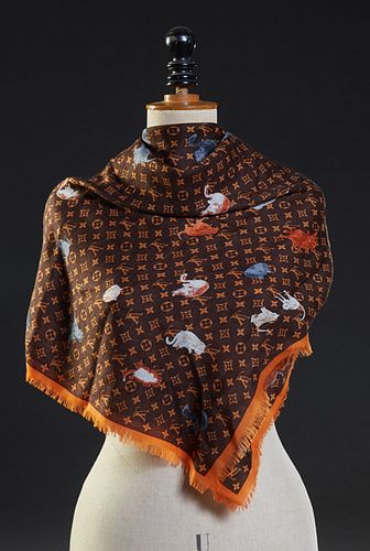Louis Vuitton Silk Scarf, in a brown monogram pattern with cat and dog motifs, H.- 51 1/2 in., W.- 51 1/2 in.