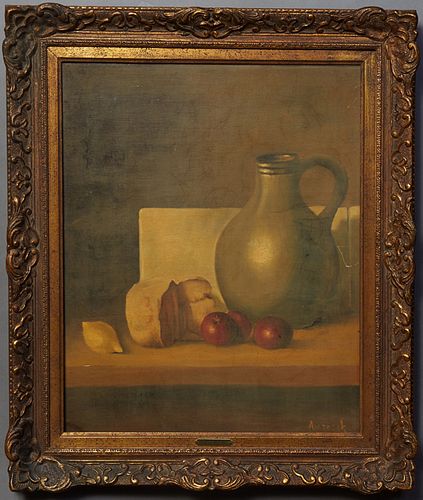 A.V. Sneek, "Still Life of Jar, Cheese and Fruit," 20th c., oil on canvas laid to board, signed lower right, presented in a gilt frame with artist bla