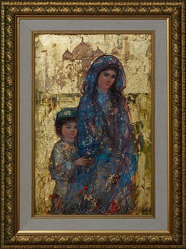 Edna Hibel (1917-2015, Massachusetts/Florida),"Mother and Son at the Taj Mahal," 20th c., mixed media on canvas laid to board, signed lower right, tit
