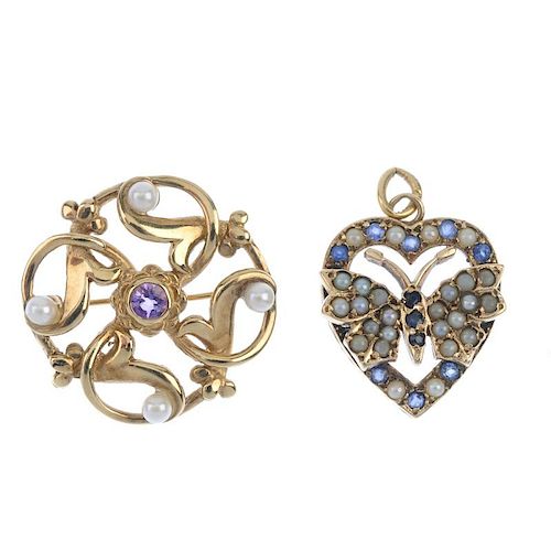 A selection of jewellery. To include a sapphire and split pearl butterfly and heart pendant, an amet