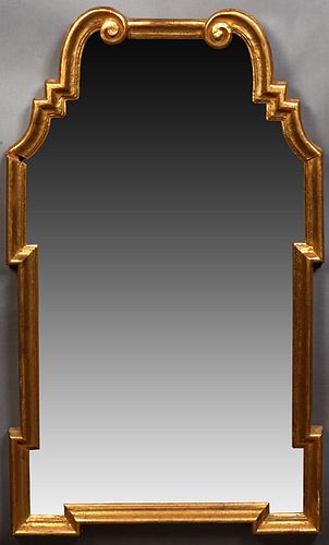French Style Gilt Overmantel Mirror, 20th c., the scrolled top over stepped breakfront sides and a breakfront base. H.- 42 in., W.- 25 in., D.- 2 in.