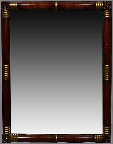 American Empire Gilt Rosewood Overmantel Mirror, 19th c., the frame with circular carved corner blocks around gilt ring turned tapered sides, H.- 36 i