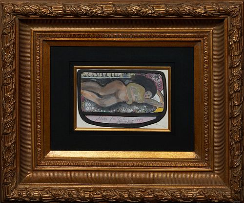 Emerson Bell (1932-2006, Louisiana), "Study for Reclining," 1979, mixed media on paper, signed, titled and dated on bottom, presented in a gilt frame,