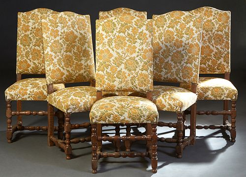 Set of Six French Louis XV Style Carved Beech Dining Chairs, 20th c., the arched canted upholstered back over a bowed cushioned seat, on turned and bl
