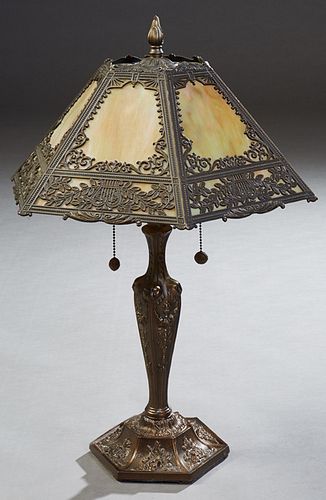 American Style Slag Glass Table Lamp, late 20th c., the tapered hexagonal slag glass shade, with patinated metal overlay, on a tapered brown metal sup