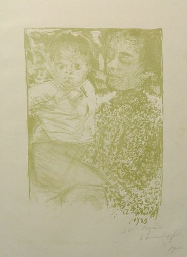 Art Nouveau, original lithograph, Alexandre Louchnikoff, Mother & Child, signed