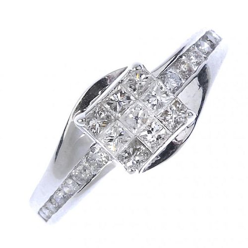 A diamond dress ring. The square-shape diamond panel, to the brilliant-cut diamond line sides. Total