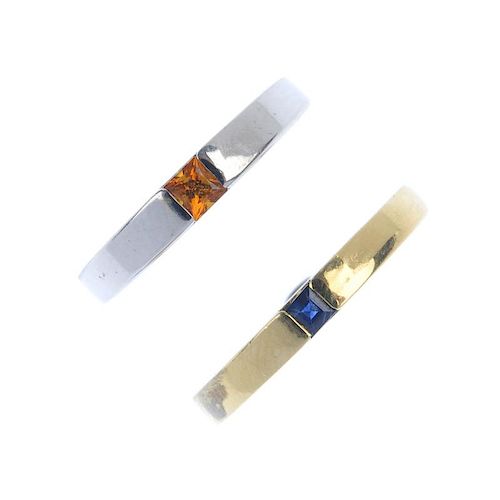 Two gem-set rings. Each designed as a square-shape citrine or sapphire cabochon, inset to the tapere