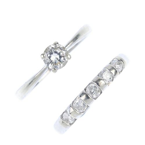 Two 9ct gold diamond rings. To include a brilliant-cut diamond single-stone ring, together with a si