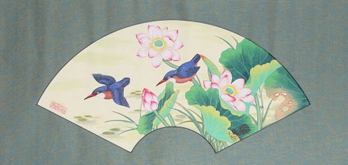 Chinese Bird & Lotus Painting mounted as Scroll