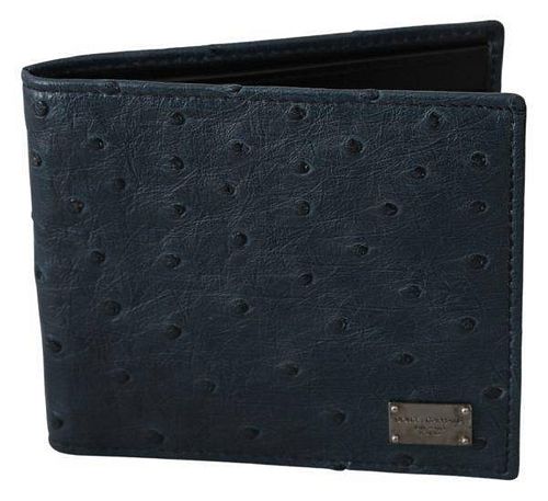 Blue Ostrich Leather Bifold Mens Card Bill Slot Wallet