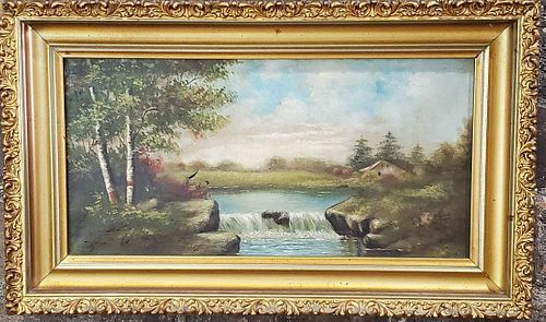 Untitled Painting of A Lake With Waterfall