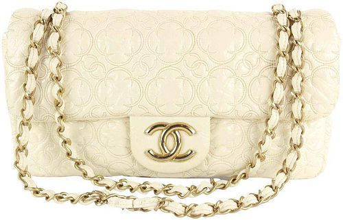 Chanel Cream Quilted Flower Embossed Medium Gold Chain