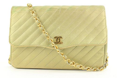 Chanel Chevron Quilted Gold Leather Chain Flap Bag