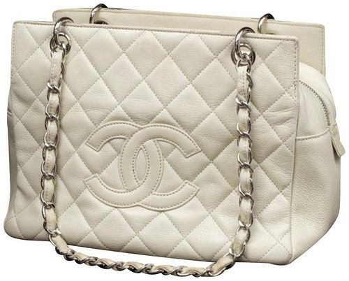 Chanel Off-White Quilted Caviar Petite Shopping Tote