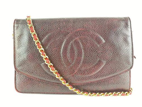 Chanel Bordeaux Burgundy Caviar Leather Wallet On Chain