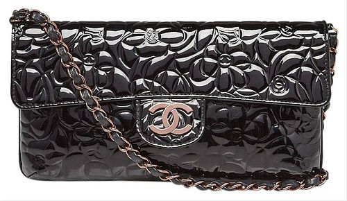 Chanel Black Patent Leather Camellia Medium Chain Flap