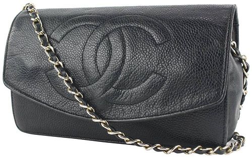 Chanel Black Caviar Leather CC Logo Timeless Wallet On
