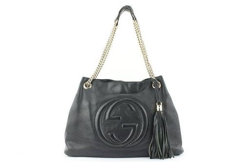 Gucci Fringe Tassel Black Leather Soho Chain Tote Bag