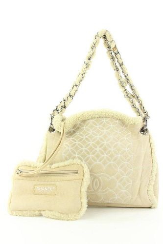 Chanel Beige Shearling Chain Hobo Bag With Pouch