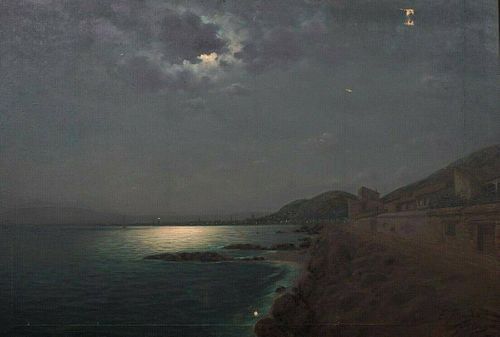 Malaga Beach Moonlit Coastal Landscape Oil Painting