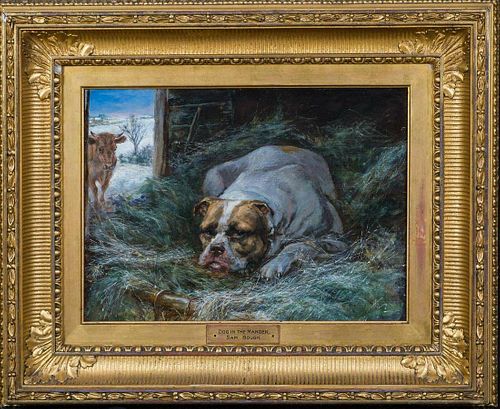 Bulldog In Manger Dog Portrait Oil Painting