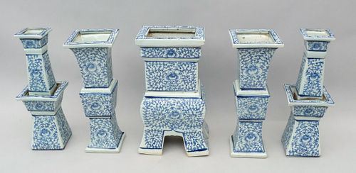 5-Piece Antique Chinese Blue & White Altar Set