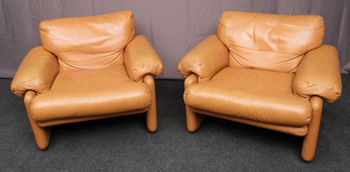 Pair Tobia Scarpa B&B Italia Leather Club Chairs