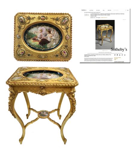 A ROYAL VIENNA CARVED GILTWOOD BRONZE PLAUQES TABLE