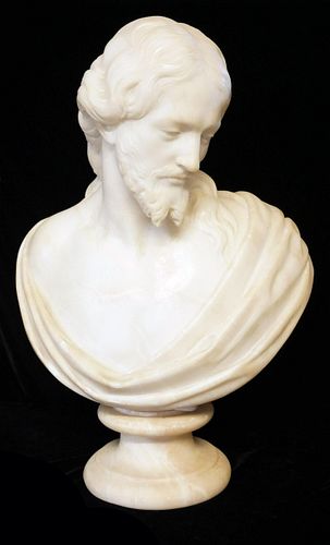 A 19TH CENTURY WHITE MARBLE BUST OF CHRIST