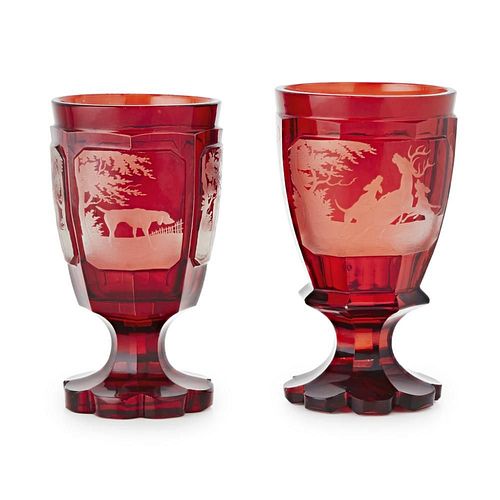 A PAIR OF 19TH CENTURY BOHEMIAN RUBY GLASS GOBLETS