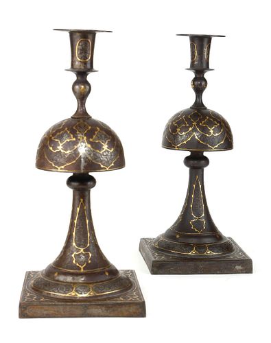 A PAIR OF FINE ANTIQUE PERSIAN METAL DARK PATINATED