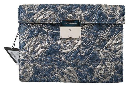 Blue Silver Jacquard Leather Document Briefcase Bag