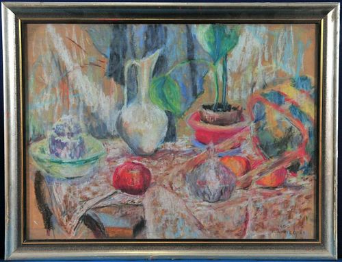 STILL LIFE PAINTING OF PANTS AND VASE ON A TABLE