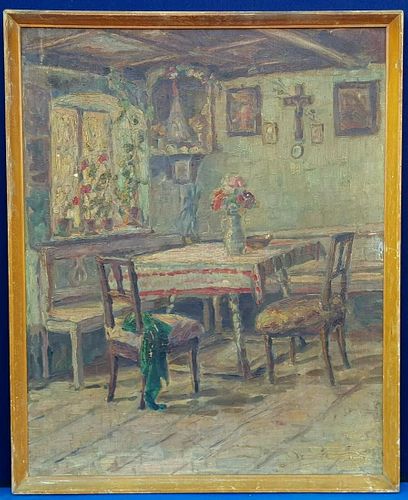 STILL LIFE PAINTING OF A ROOM WITH A TABLE AND CHAIRS
