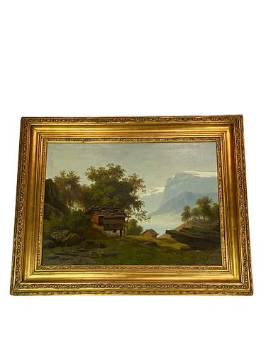 MOTIF OF THE SWISS ALPS AND WITH WIDE GILDED FRAME