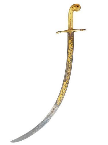 AN OTTOMAN GOLD HORN-HILTED STEEL SWORD (SHAMSHIR)