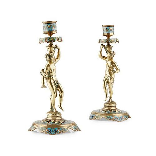 A PAIR OF LATE 19TH CENTURY FRENCH BRONZE AND CHAMPLEVE