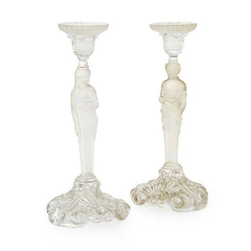 PAIR OF BACCARAT FROSTED AND MOULDED GLASS CANDLESTICKS