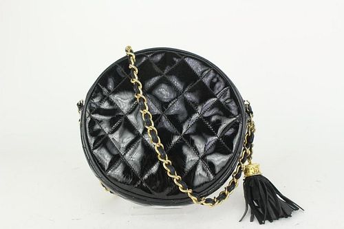 Chanel Black Quilted Patent Leather Round Tassel Clutch