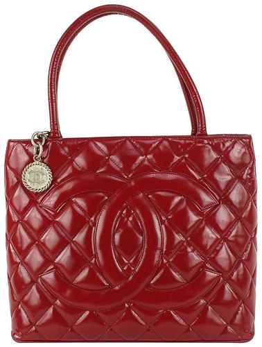 Chanel Red Quilted Patent Leather Medallion Zip Tote