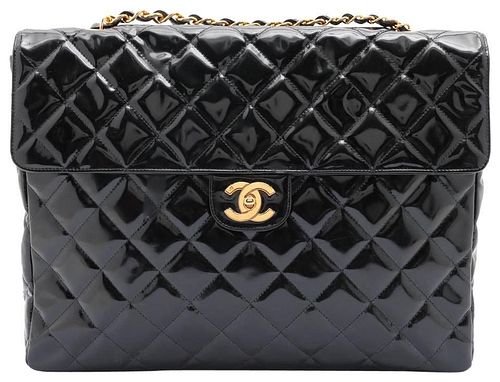 Chanel XL Maxi Black Quilted Patent Single Flap Chain