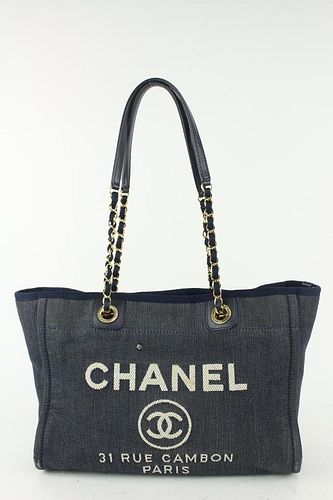 Chanel Navy Blue Denim Deauville Chain Tote Bag